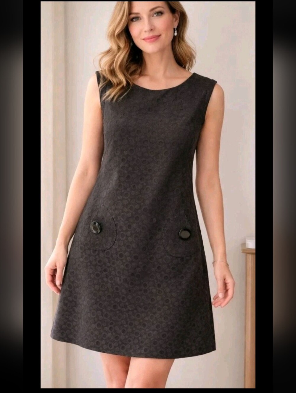 Kim Rogers Sleeveless Textured Shift Dress Pockets 14P Petite Black